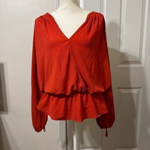 Red Wrap Peplum Blouse with Long Sleeves, size 1XL